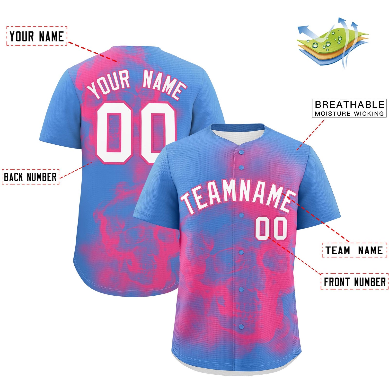 Custom Powder Blue Pink White skeleton Graffiti Pattern Quick Dry Baseball Jersey| KXKSHOP
