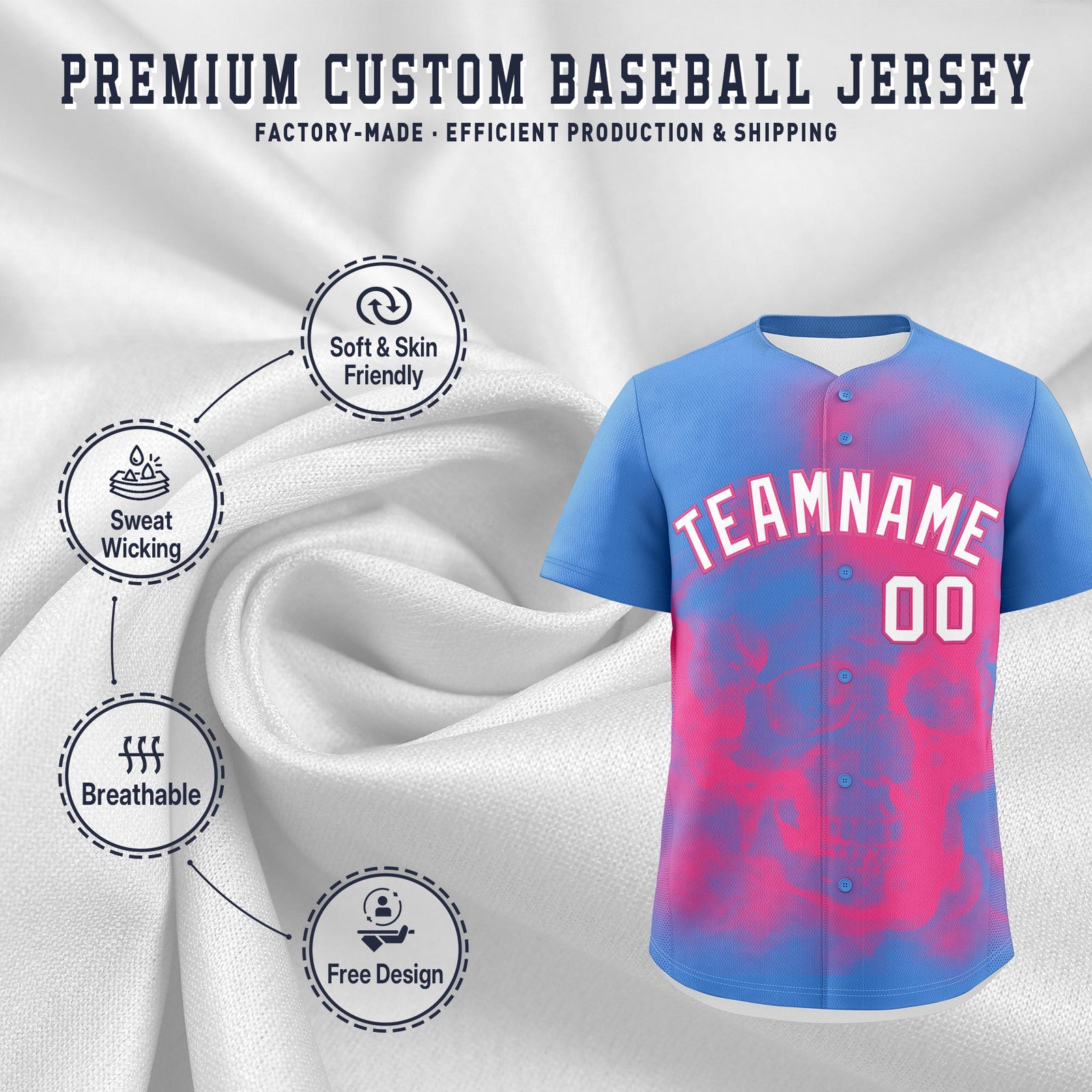 Custom Powder Blue Pink White skeleton Graffiti Pattern Quick Dry Baseball Jersey| KXKSHOP
