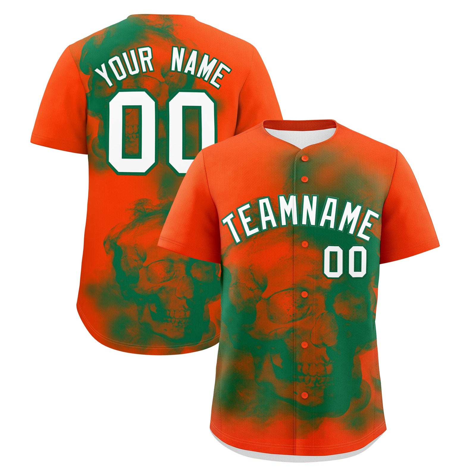 Custom Orange Kelly Green White skeleton Graffiti Pattern Quick Dry Baseball Jersey| KXKSHOP