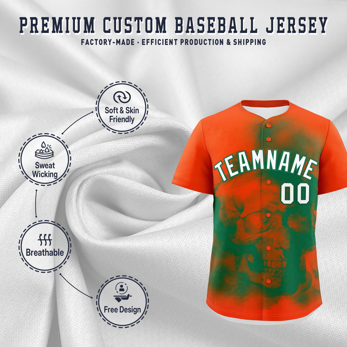 Custom Orange Kelly Green White skeleton Graffiti Pattern Quick Dry Baseball Jersey| KXKSHOP