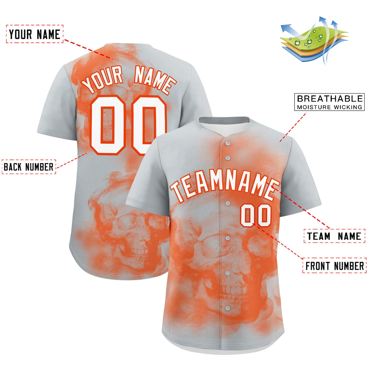Custom Silver Orange White skeleton Graffiti Pattern Quick Dry Baseball Jersey| KXKSHOP