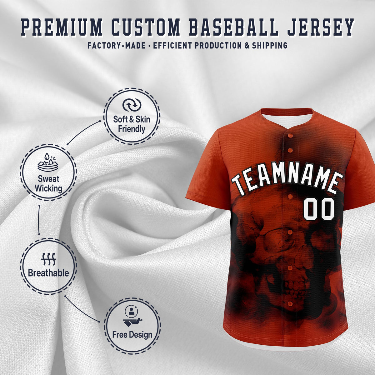 Custom Dark Orange Black White skeleton Graffiti Pattern Quick Dry Baseball Jersey| KXKSHOP