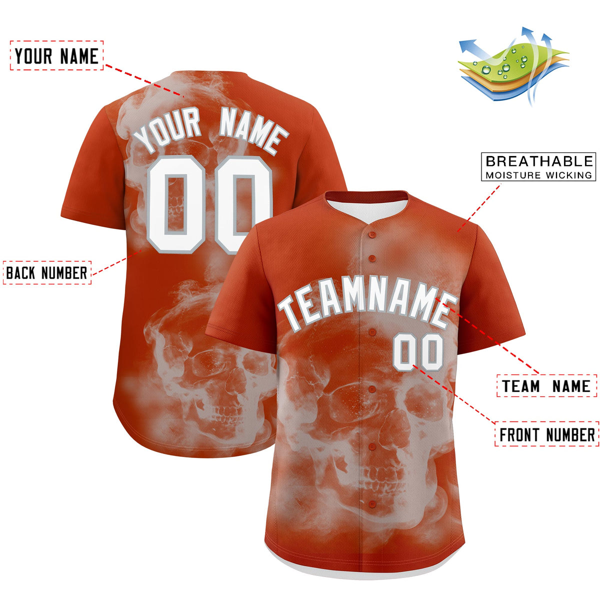 Custom Dark Orange Silver White skeleton Graffiti Pattern Lightweight Baseball Jersey| KXKSHOP