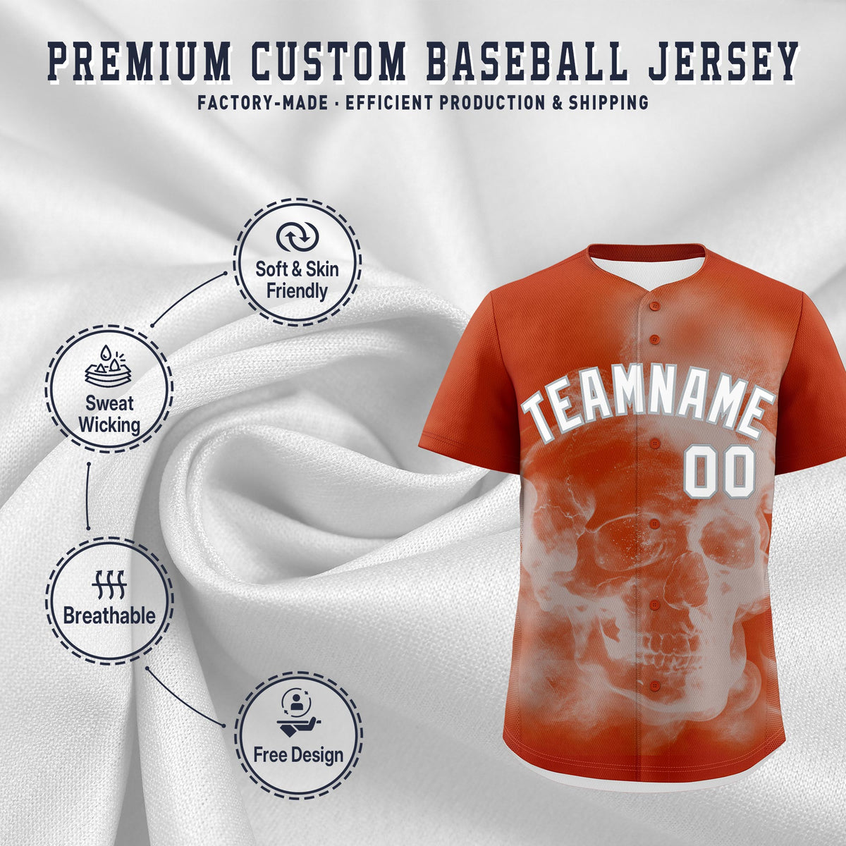 Custom Dark Orange Silver White skeleton Graffiti Pattern Lightweight Baseball Jersey| KXKSHOP
