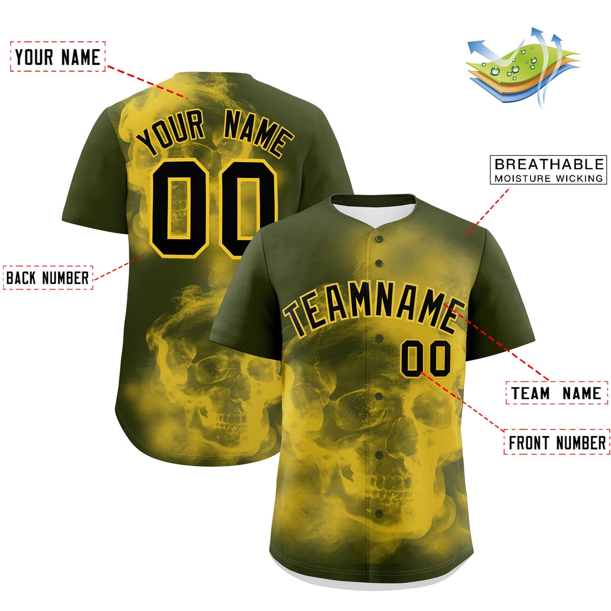Custom Olive Gold Black skeleton Graffiti Pattern Quick Dry Baseball Jersey| KXKSHOP
