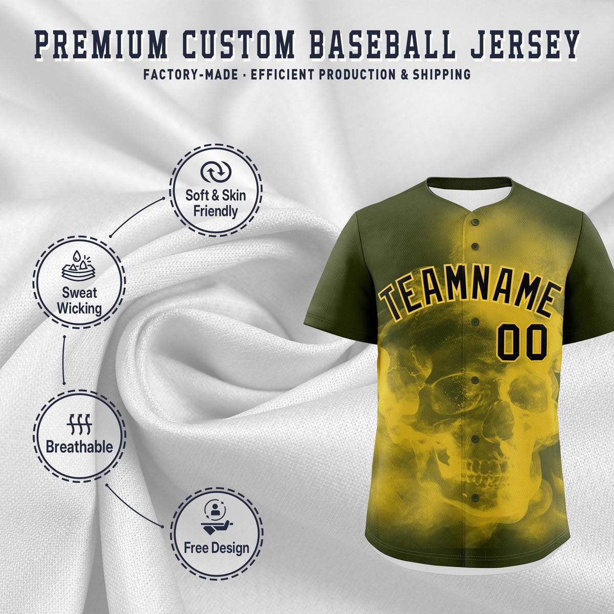 Custom Olive Gold Black skeleton Graffiti Pattern Quick Dry Baseball Jersey| KXKSHOP