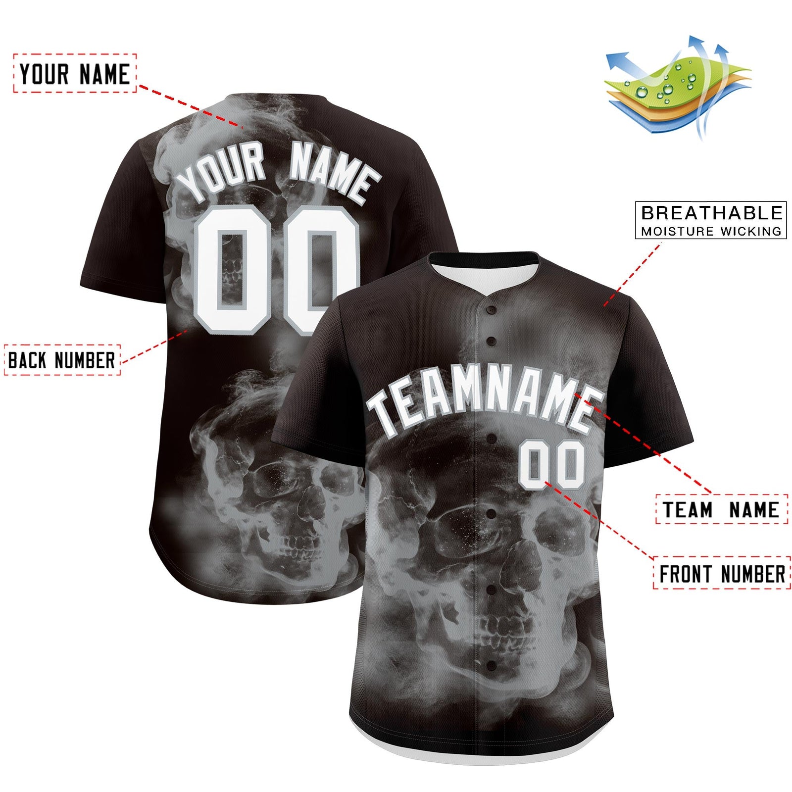 Custom Brown Silver White skeleton Graffiti Pattern Quick Dry Baseball Jersey| KXKSHOP