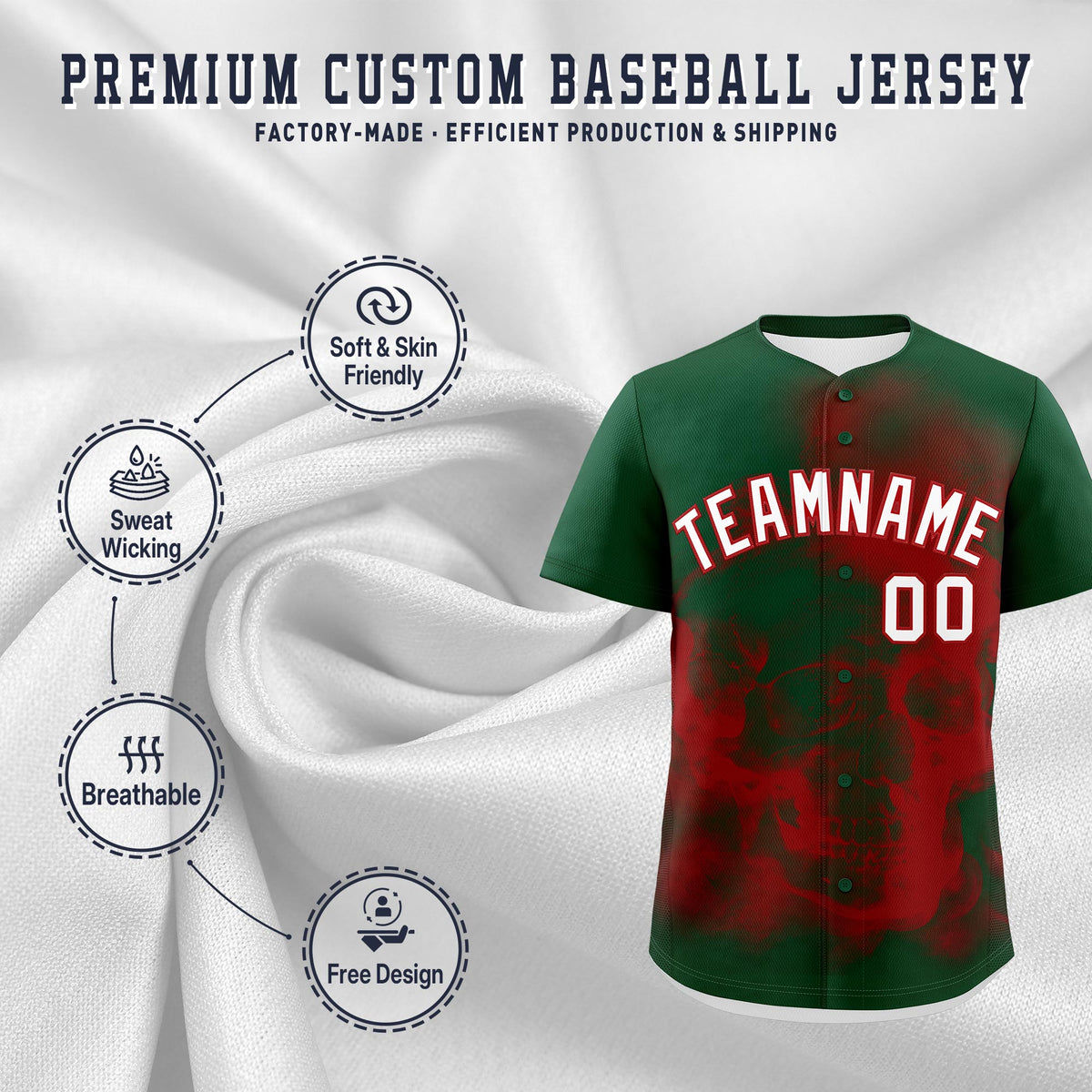 Custom Dark Green Red White skeleton Graffiti Pattern Lightweight Baseball Jersey| KXKSHOP