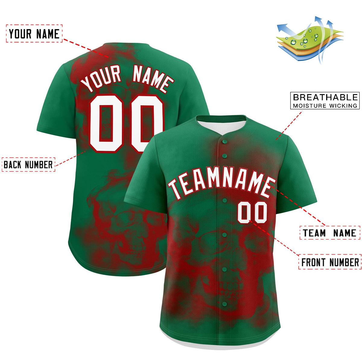 Custom Kelly Green Red White skeleton Graffiti Pattern Quick Dry Baseball Jersey| KXKSHOP