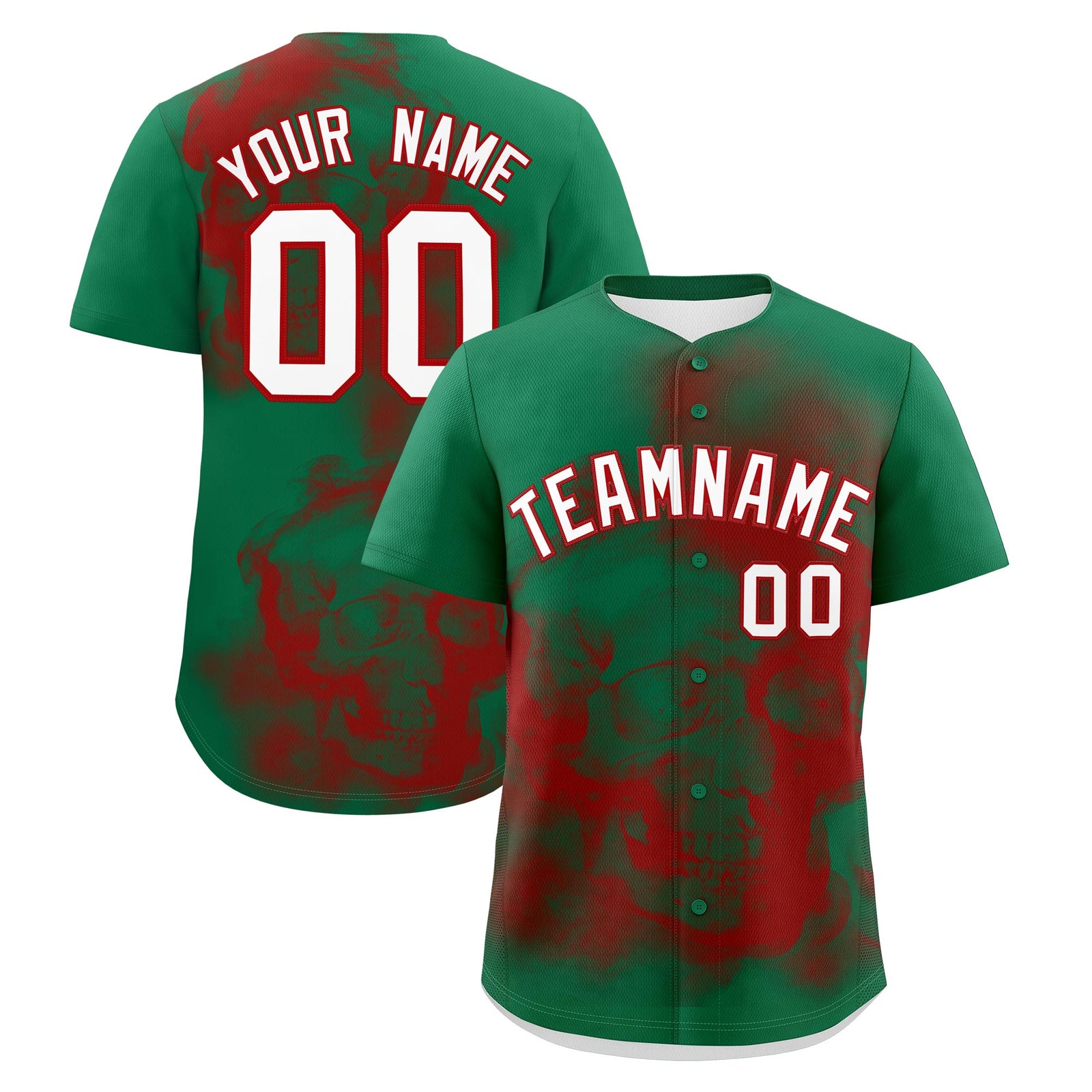 Custom Kelly Green Red White skeleton Graffiti Pattern Quick Dry Baseball Jersey| KXKSHOP