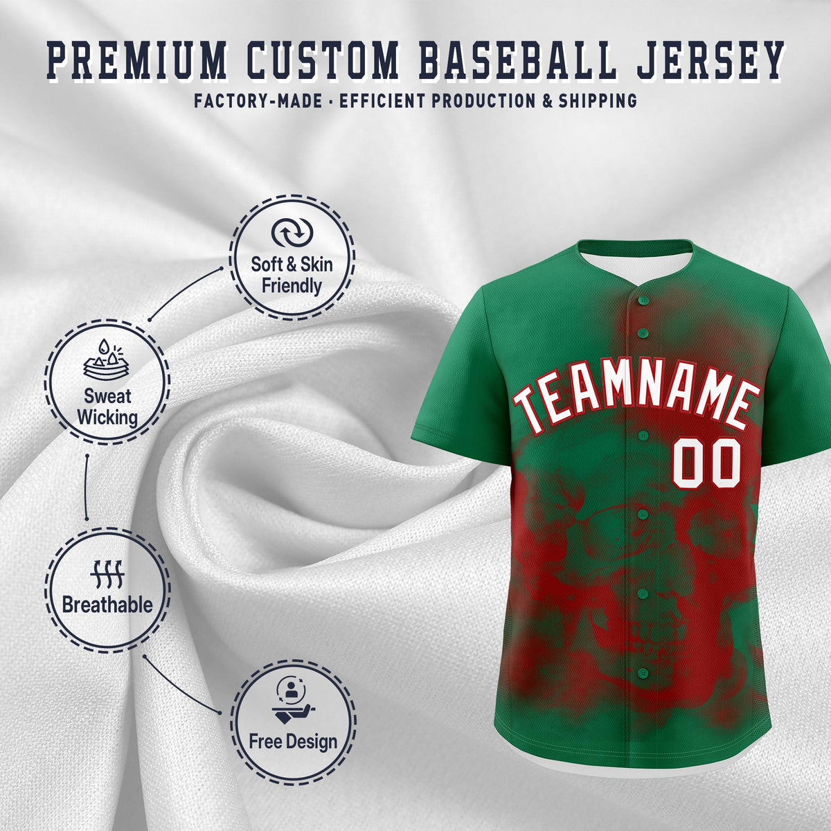 Custom Kelly Green Red White skeleton Graffiti Pattern Quick Dry Baseball Jersey| KXKSHOP
