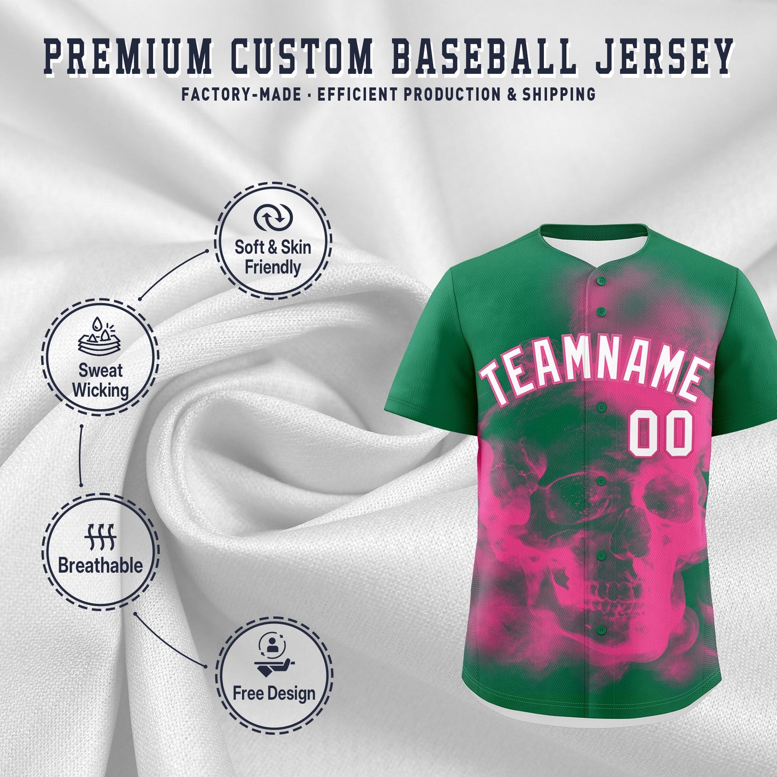 Custom Kelly Green Pink White skeleton Graffiti Pattern Quick Dry Baseball Jersey| KXKSHOP