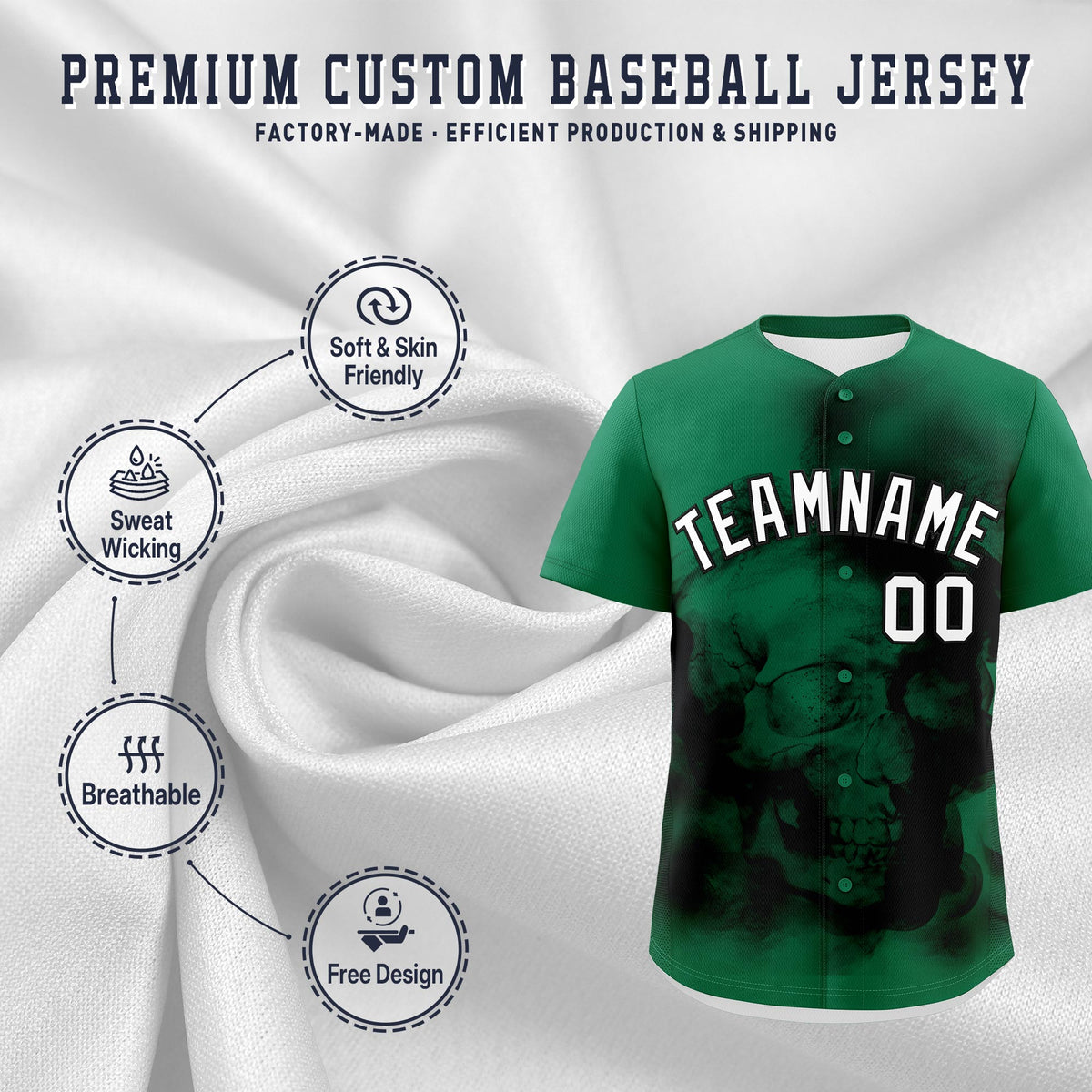 Custom Kelly Green Black White skeleton Graffiti Pattern Lightweight Baseball Jersey| KXKSHOP