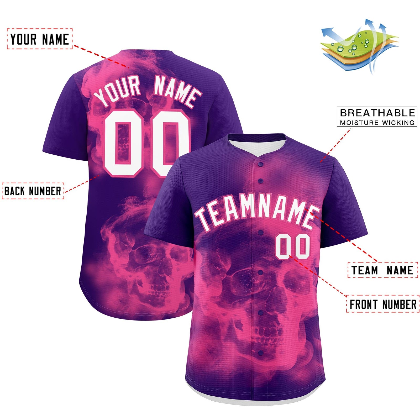 Custom Purple Pink White skeleton Graffiti Pattern Quick Dry Baseball Jersey| KXKSHOP
