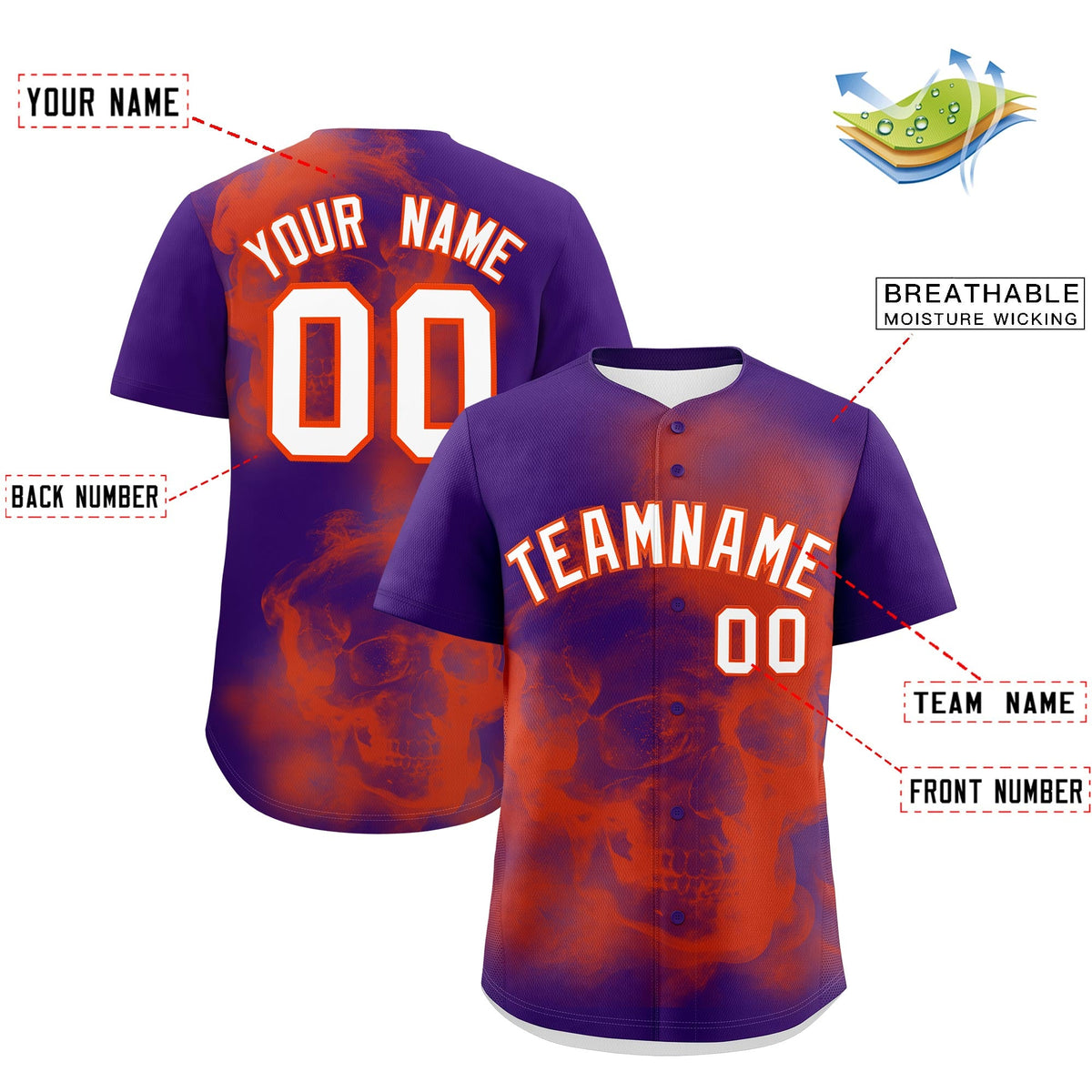 Custom Purple Orange White skeleton Graffiti Pattern Lightweight Baseball Jersey| KXKSHOP