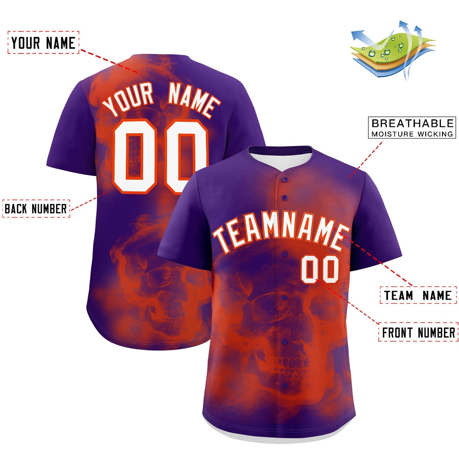 Custom Purple Orange White skeleton Graffiti Pattern Lightweight Baseball Jersey| KXKSHOP