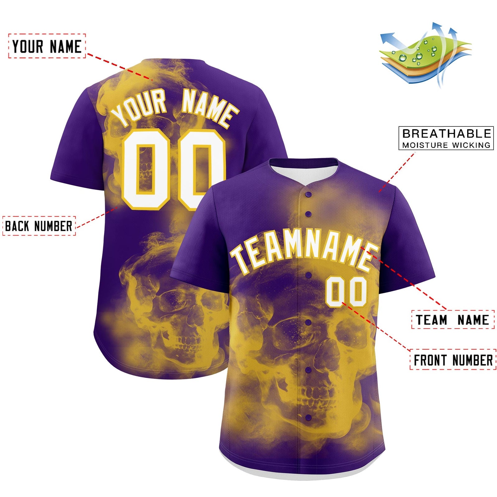 Custom Purple Gold White skeleton Graffiti Pattern Lightweight Baseball Jersey| KXKSHOP