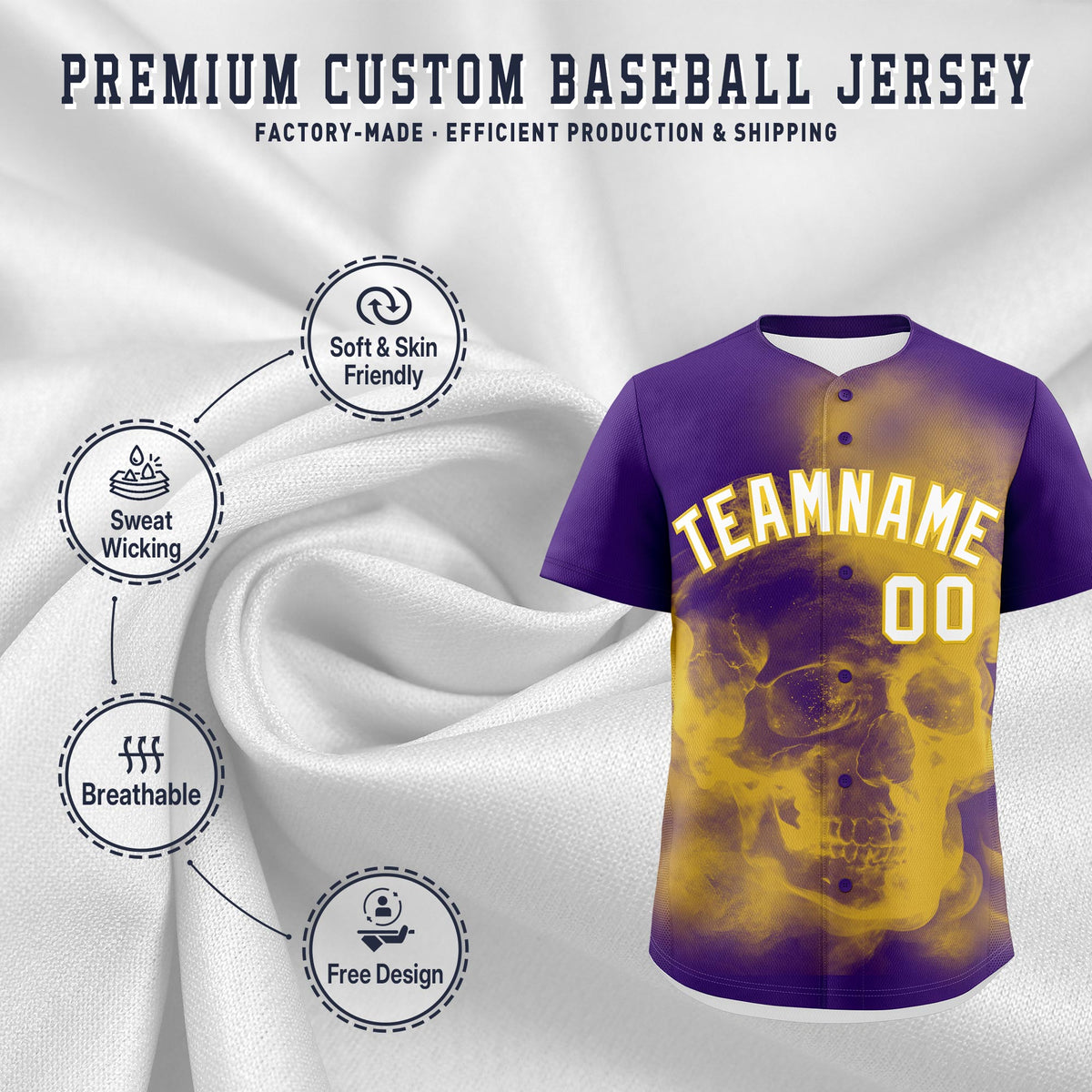 Custom Purple Gold White skeleton Graffiti Pattern Lightweight Baseball Jersey| KXKSHOP