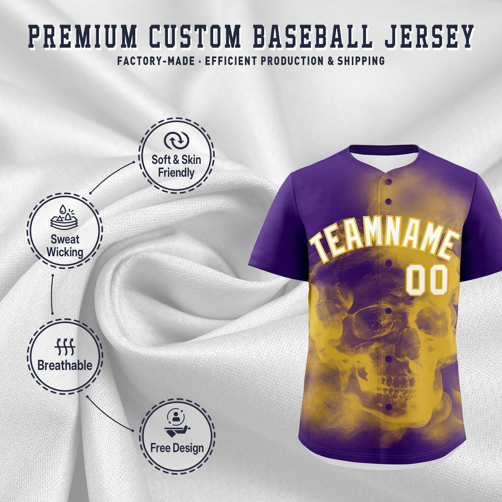 Custom Purple Gold White skeleton Graffiti Pattern Lightweight Baseball Jersey| KXKSHOP