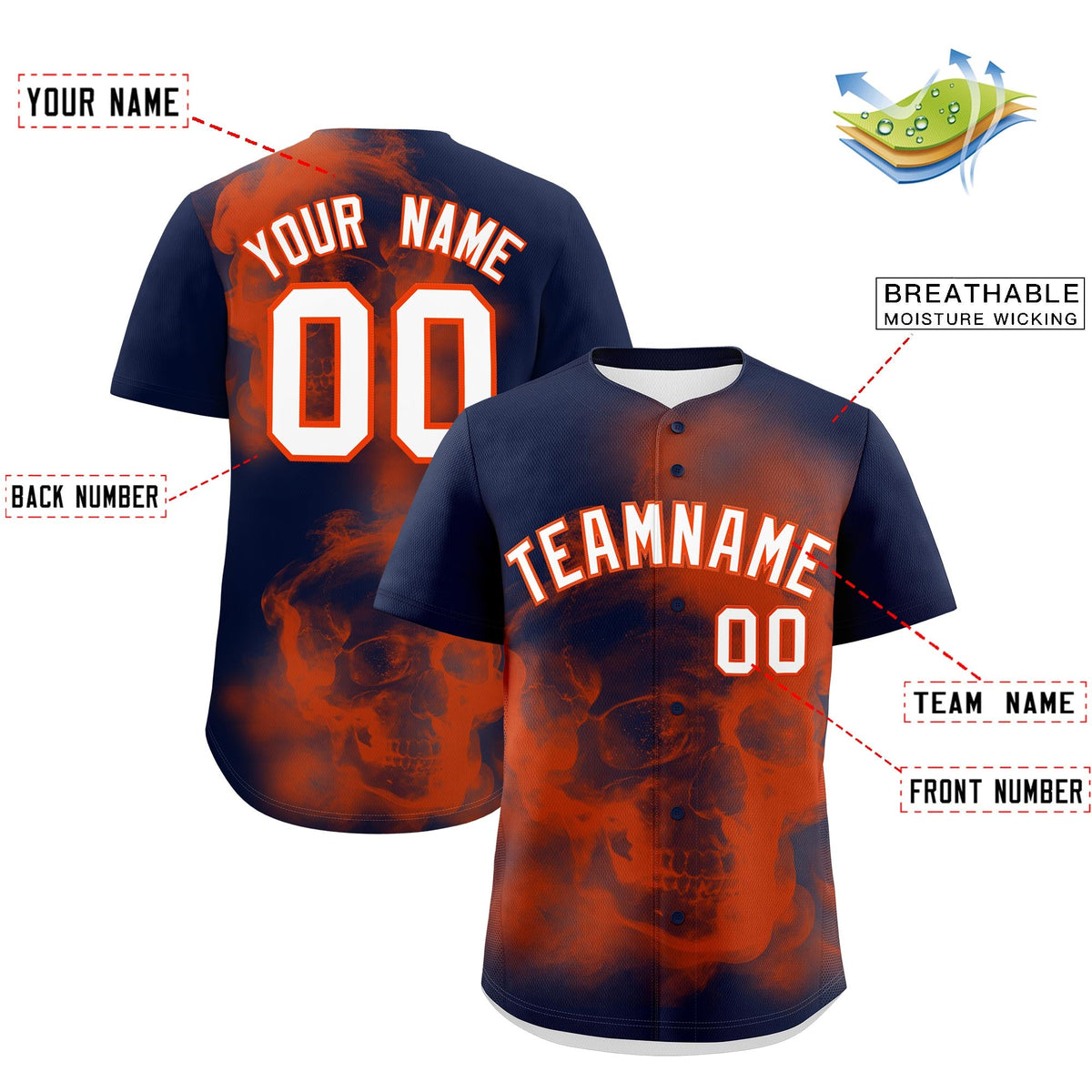Custom Navy Orange White skeleton Graffiti Pattern Lightweight Baseball Jersey| KXKSHOP