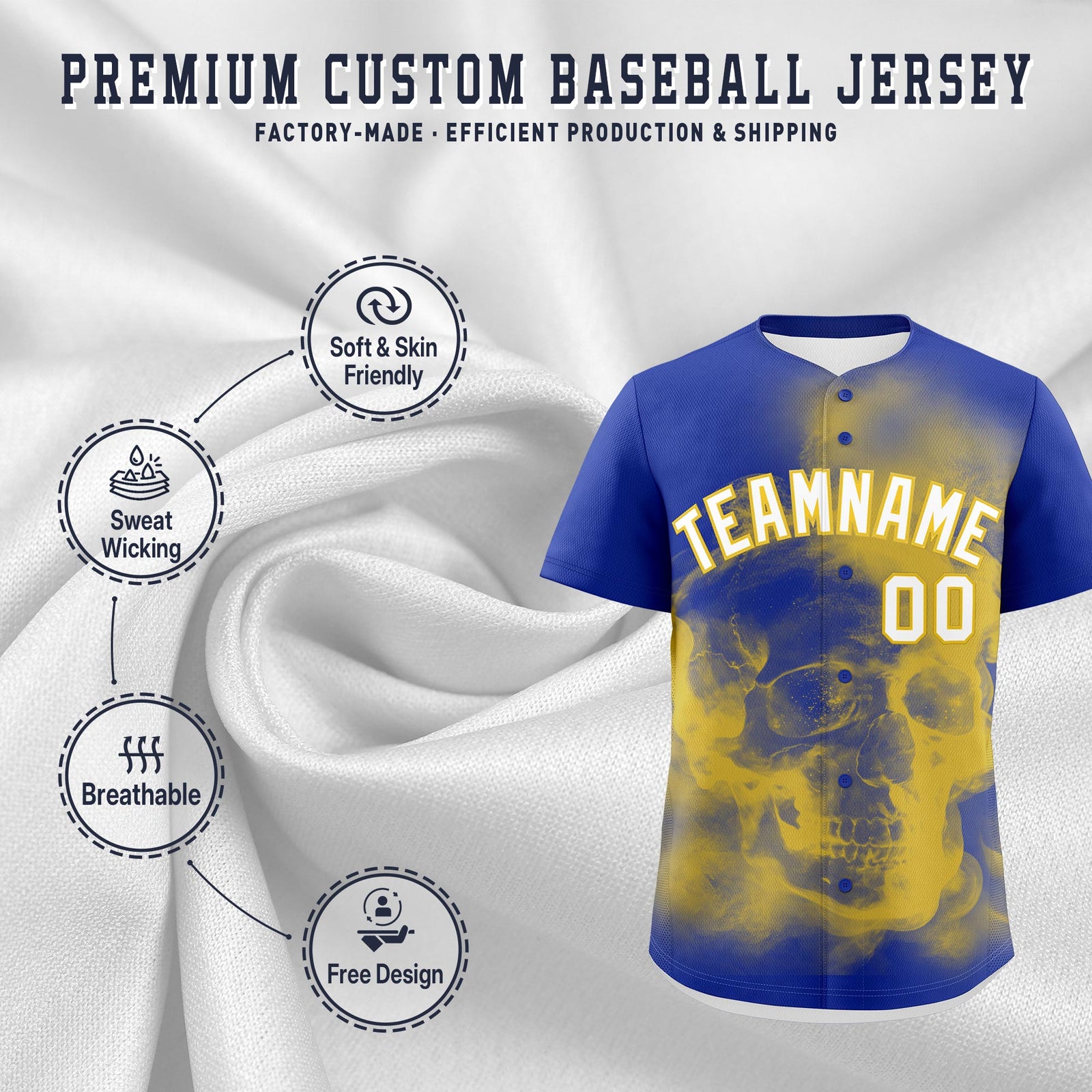 Custom Royal Blue Gold White skeleton Graffiti Pattern Lightweight Baseball Jersey| KXKSHOP
