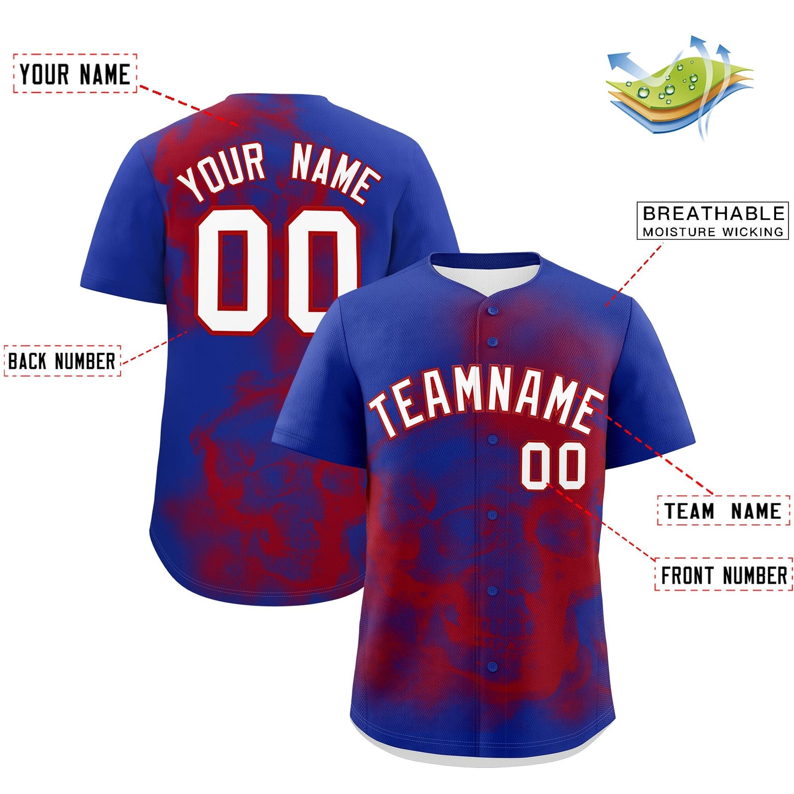 Custom Royal Blue Red White skeleton Graffiti Pattern Quick Dry Baseball Jersey| KXKSHOP