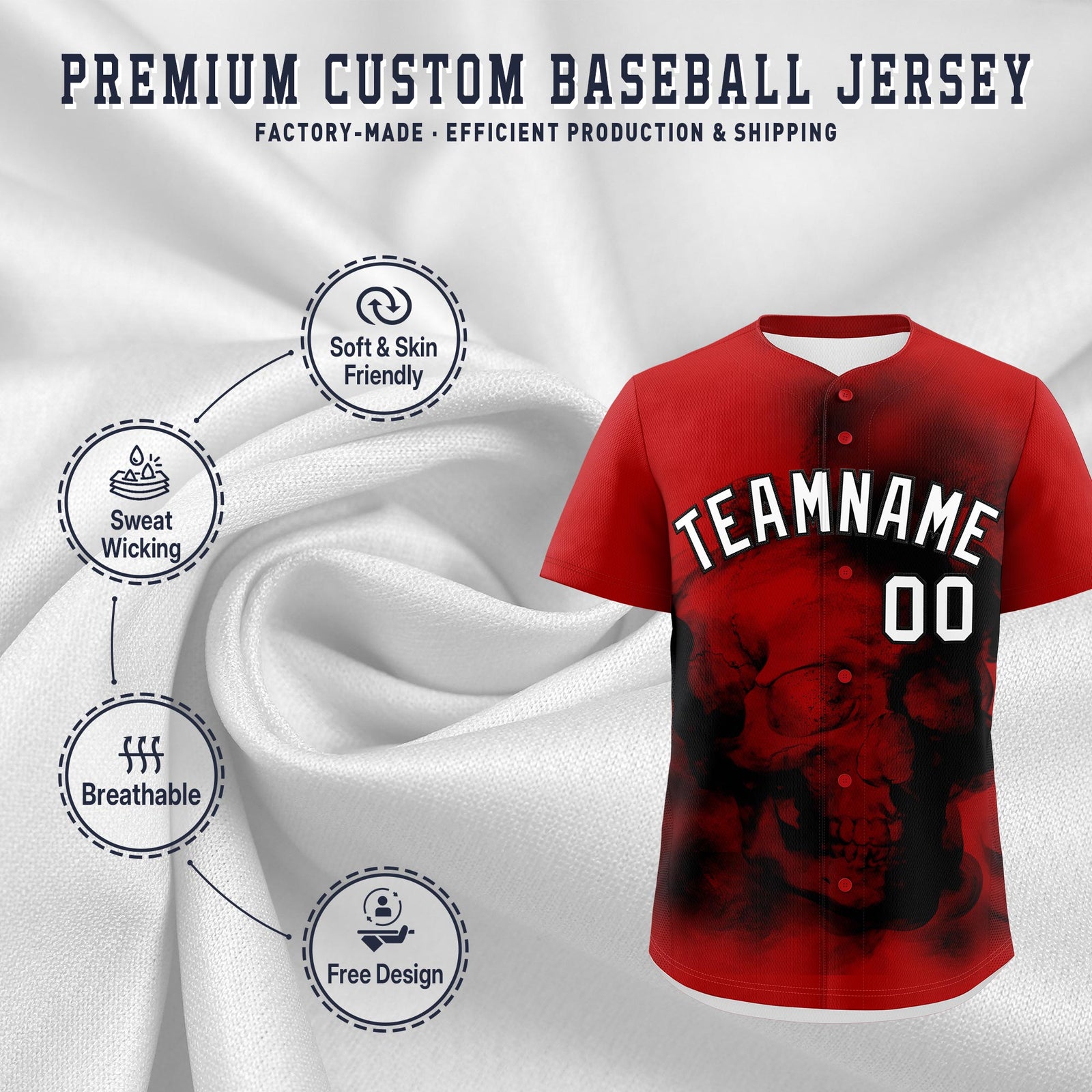 Custom Red Black White skeleton Graffiti Pattern Quick Dry Baseball Jersey| KXKSHOP