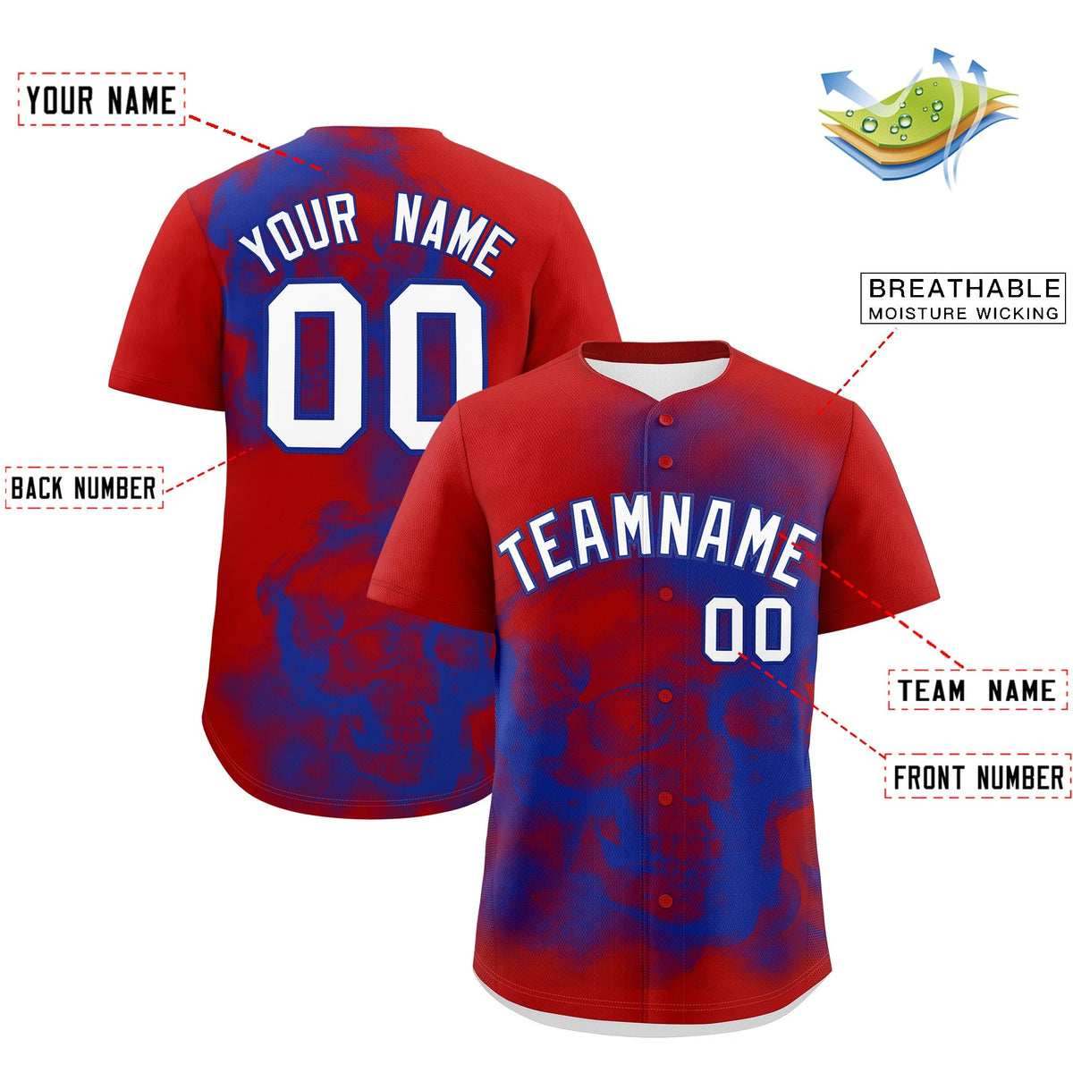 Custom Red Royal Blue White skeleton Graffiti Pattern Lightweight Baseball Jersey| KXKSHOP