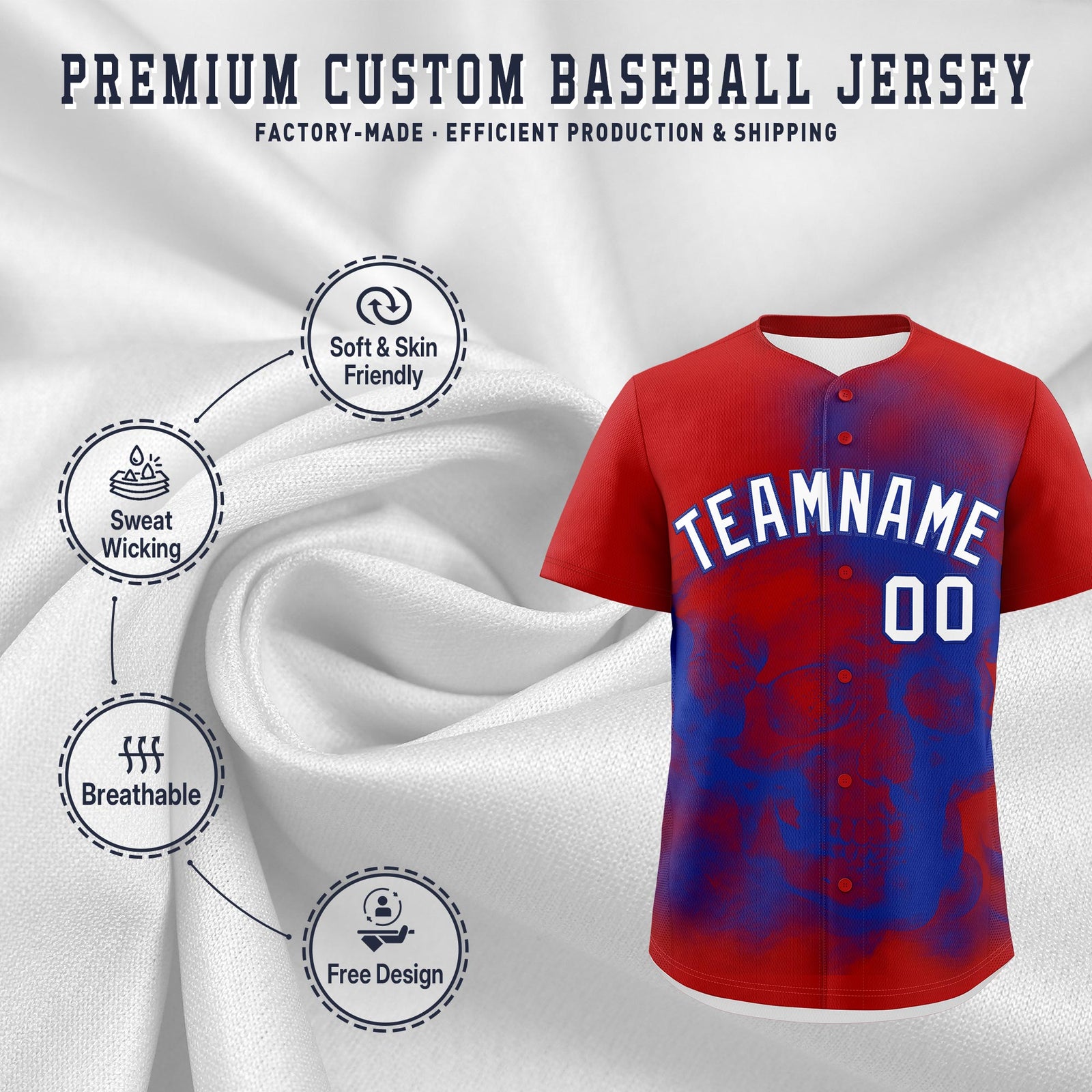 Custom Red Royal Blue White skeleton Graffiti Pattern Lightweight Baseball Jersey| KXKSHOP