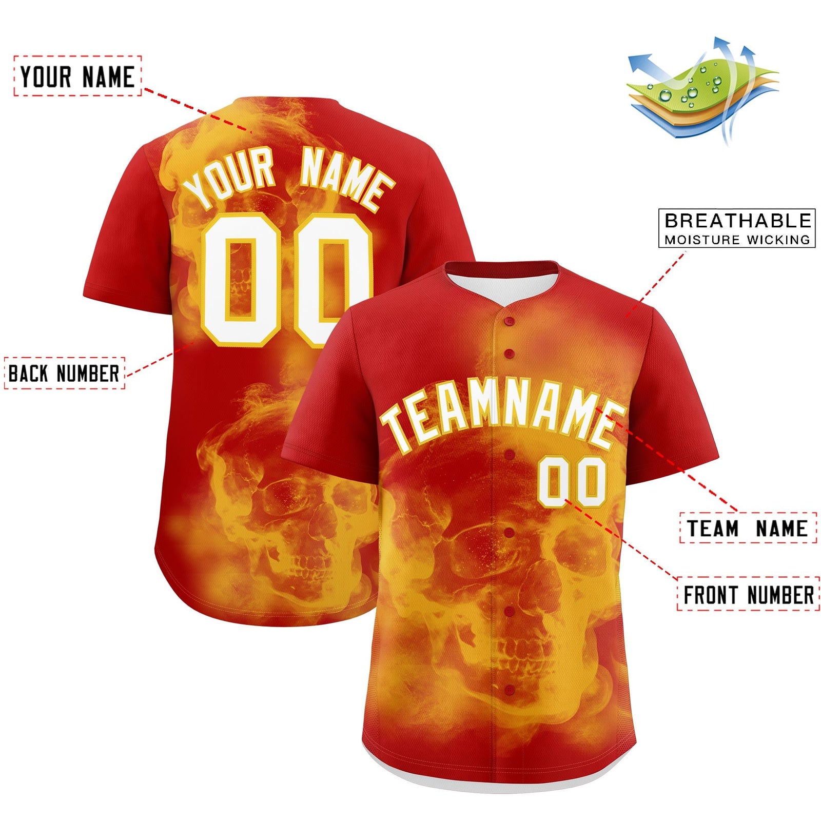 Custom Red Gold White skeleton Graffiti Pattern Quick Dry Baseball Jersey| KXKSHOP