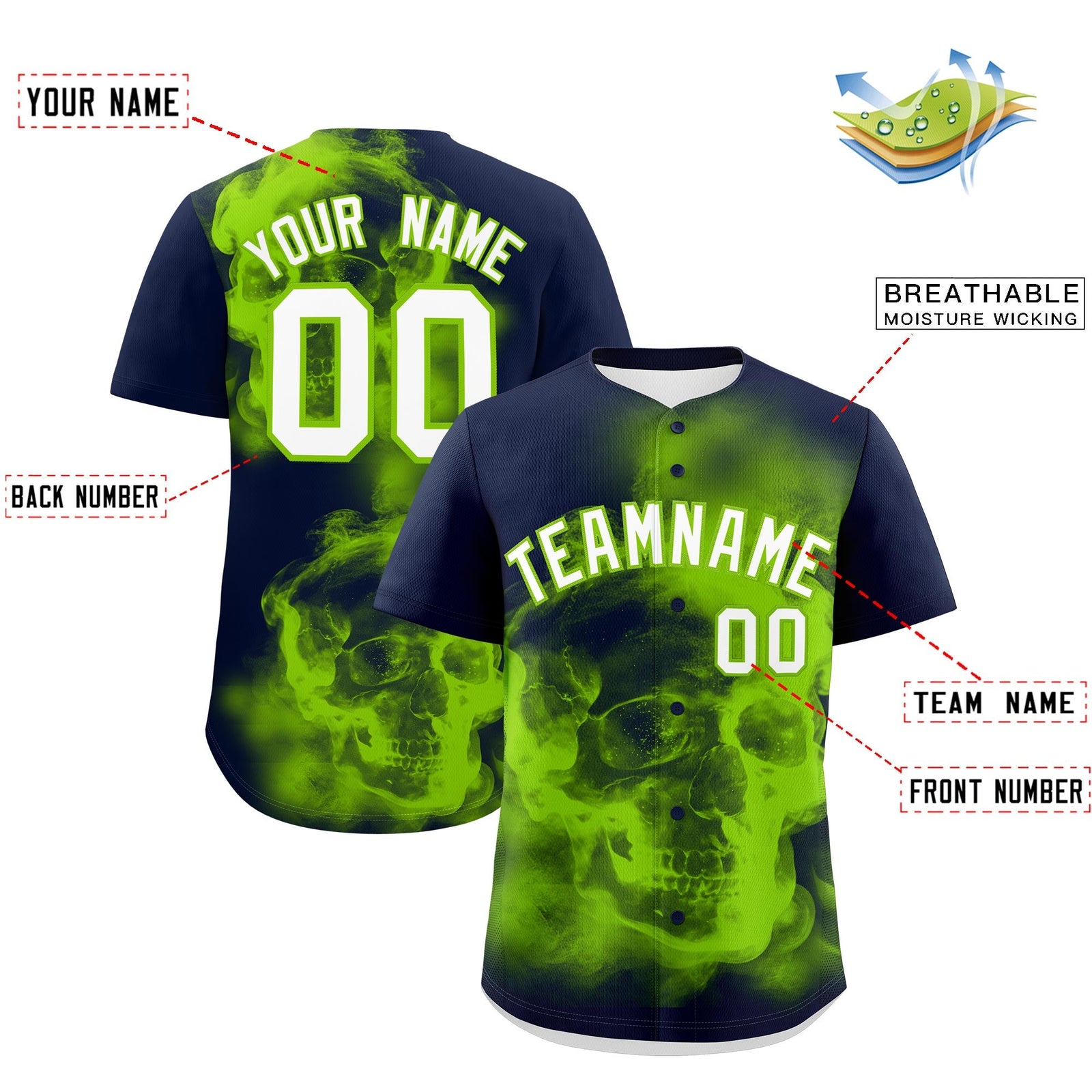 Custom Navy Neon Green White skeleton Graffiti Pattern Lightweight Baseball Jersey| KXKSHOP