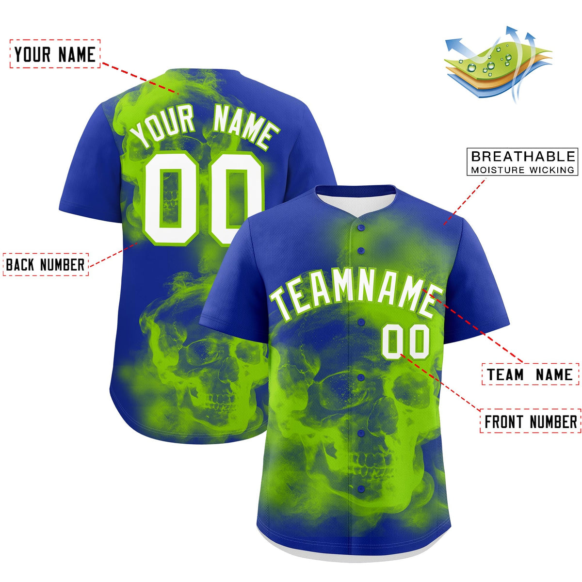 Custom Royal Blue Neon Green White skeleton Graffiti Pattern Quick Dry Baseball Jersey| KXKSHOP