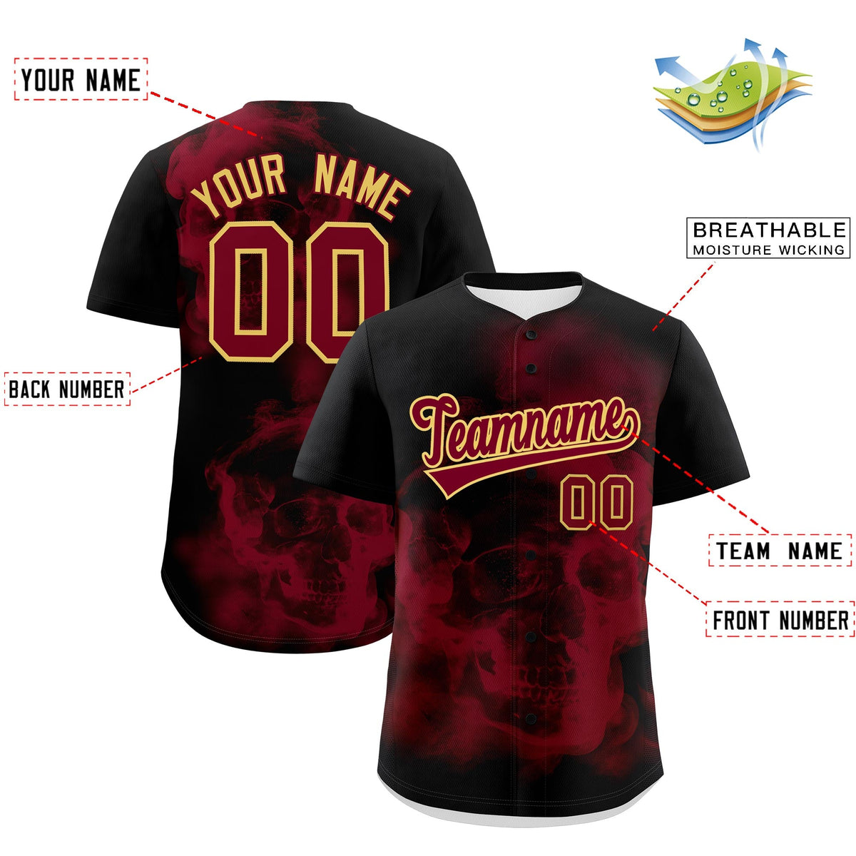 Custom Black Crimson Khaki skeleton Graffiti Pattern Quick Dry Baseball Jersey| KXKSHOP