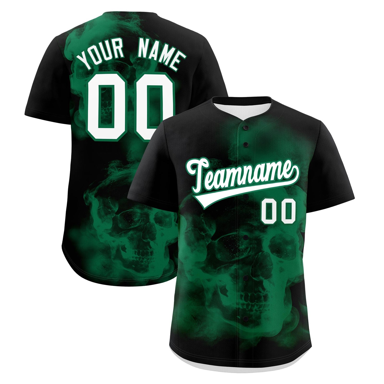 Custom Black Kelly Green White skeleton Graffiti Pattern Quick Dry Baseball Jersey| KXKSHOP