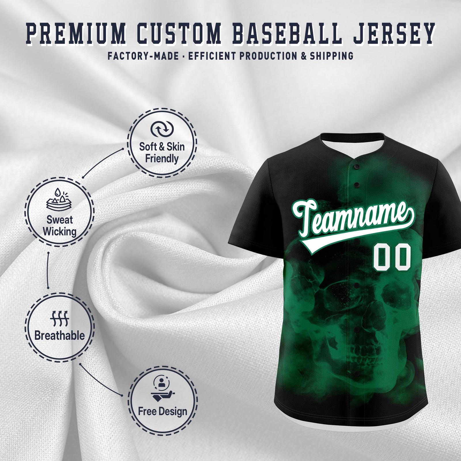 Custom Black Kelly Green White skeleton Graffiti Pattern Quick Dry Baseball Jersey| KXKSHOP