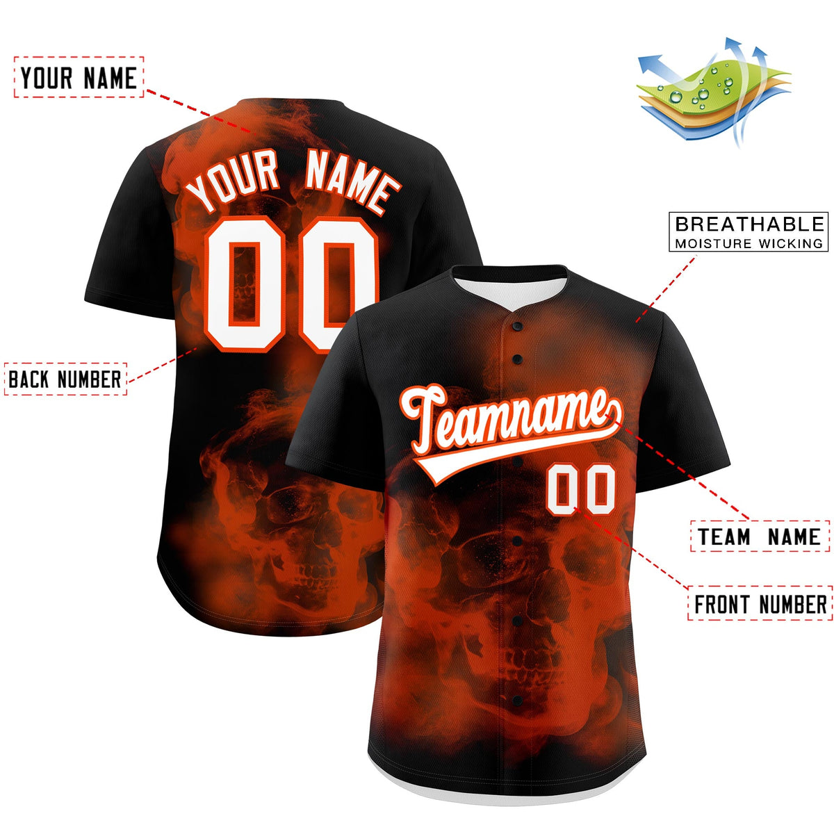 Custom Black Orange White skeleton Graffiti Pattern Quick Dry Baseball Jersey| KXKSHOP