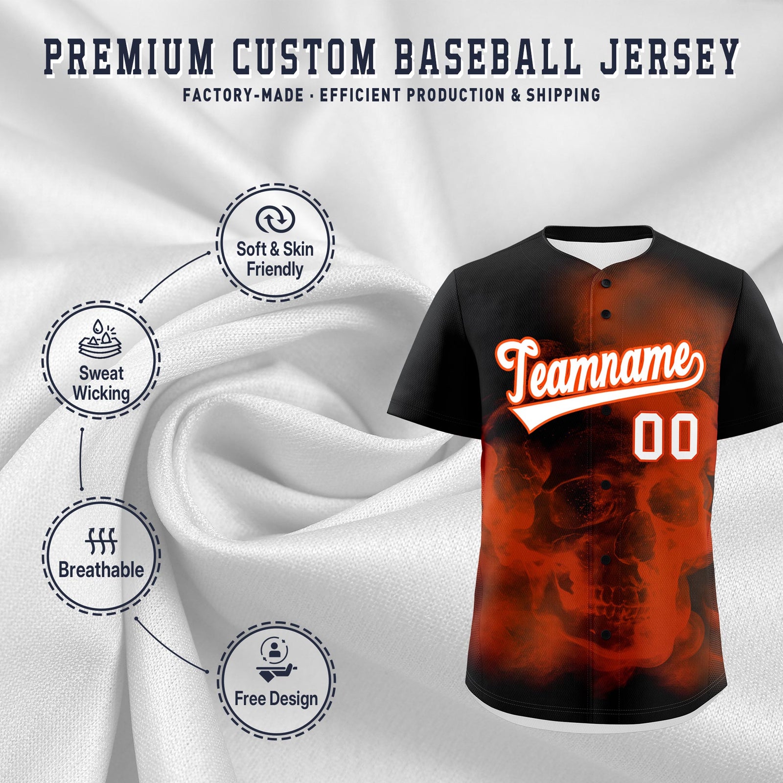 Custom Black Orange White skeleton Graffiti Pattern Quick Dry Baseball Jersey| KXKSHOP