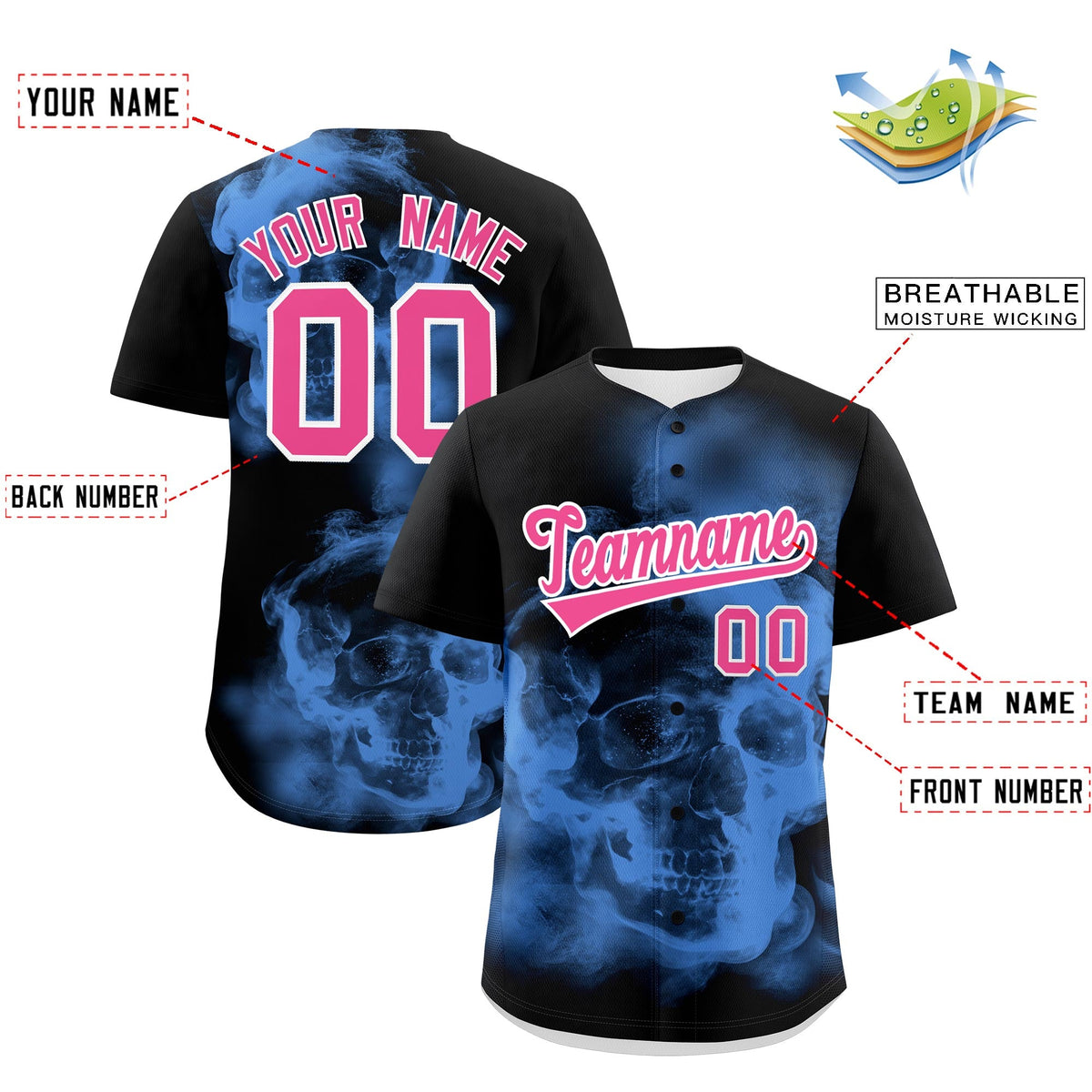 Custom Black Powder Blue Pink skeleton Graffiti Pattern Quick Dry Baseball Jersey| KXKSHOP