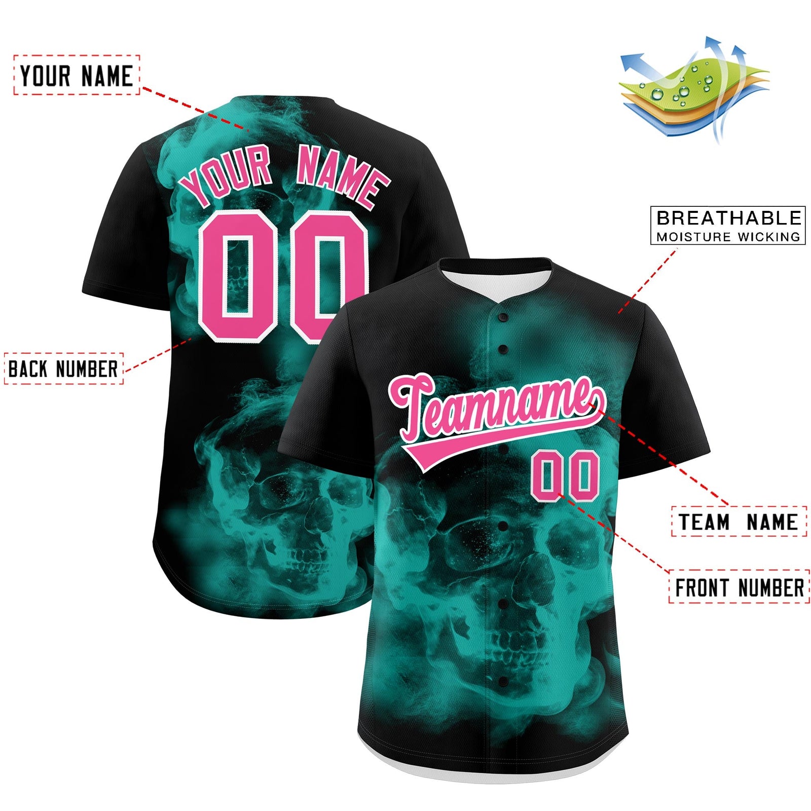 Custom Black Aqua Pink skeleton Graffiti Pattern Lightweight Baseball Jersey| KXKSHOP