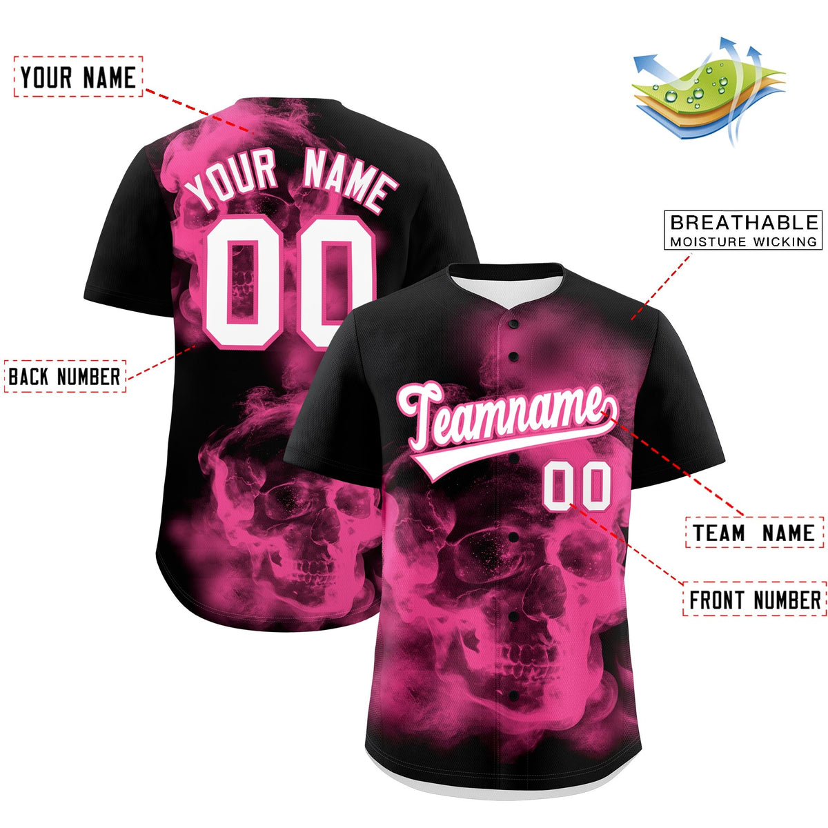 Custom Black Pink White skeleton Graffiti Pattern Quick Dry Baseball Jersey| KXKSHOP
