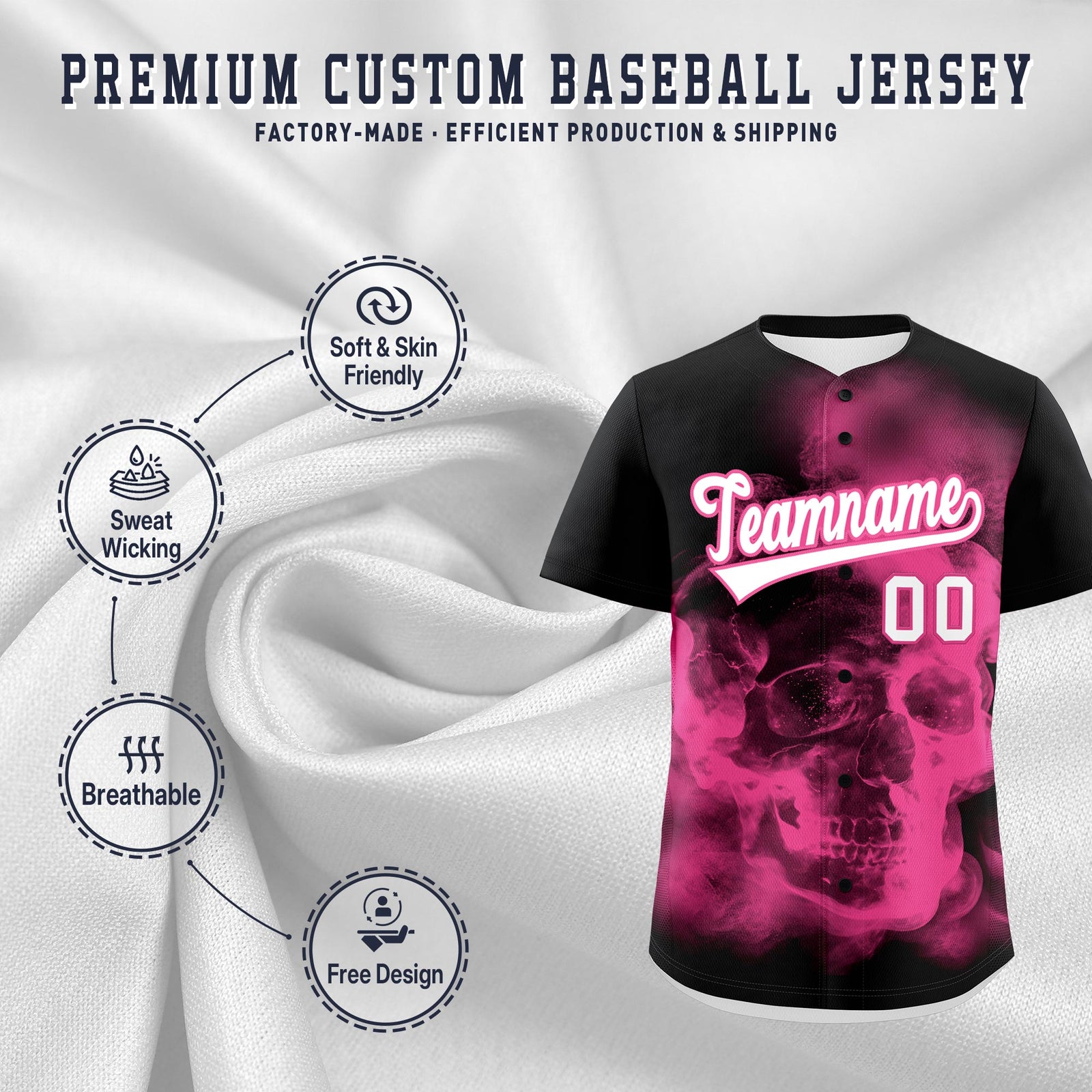 Custom Black Pink White skeleton Graffiti Pattern Quick Dry Baseball Jersey| KXKSHOP