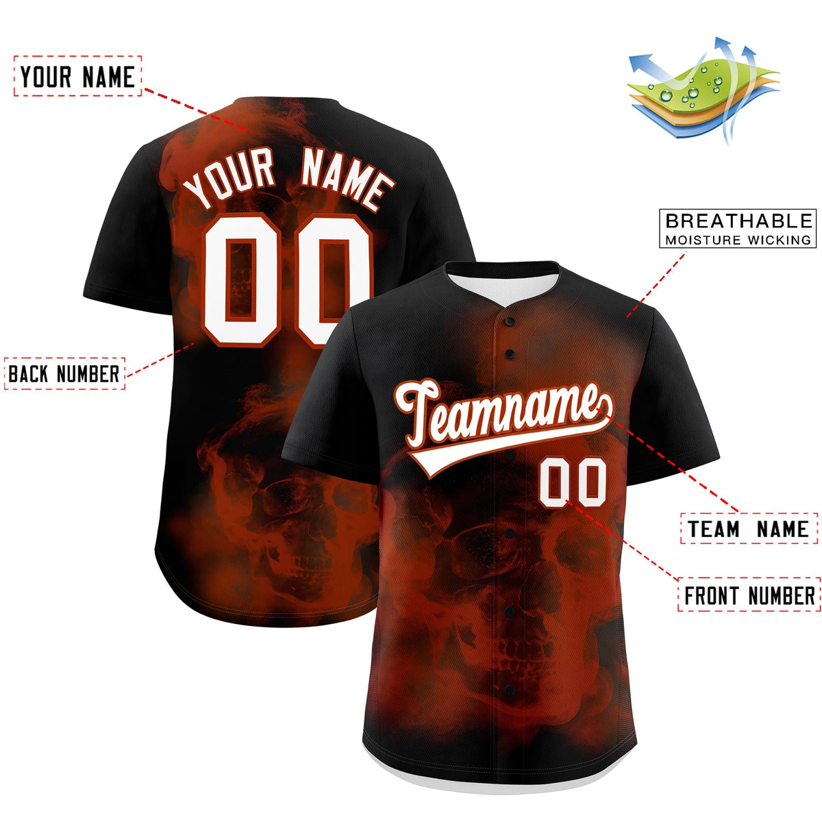 Custom Black Dark Orange White skeleton Graffiti Pattern Quick Dry Baseball Jersey| KXKSHOP