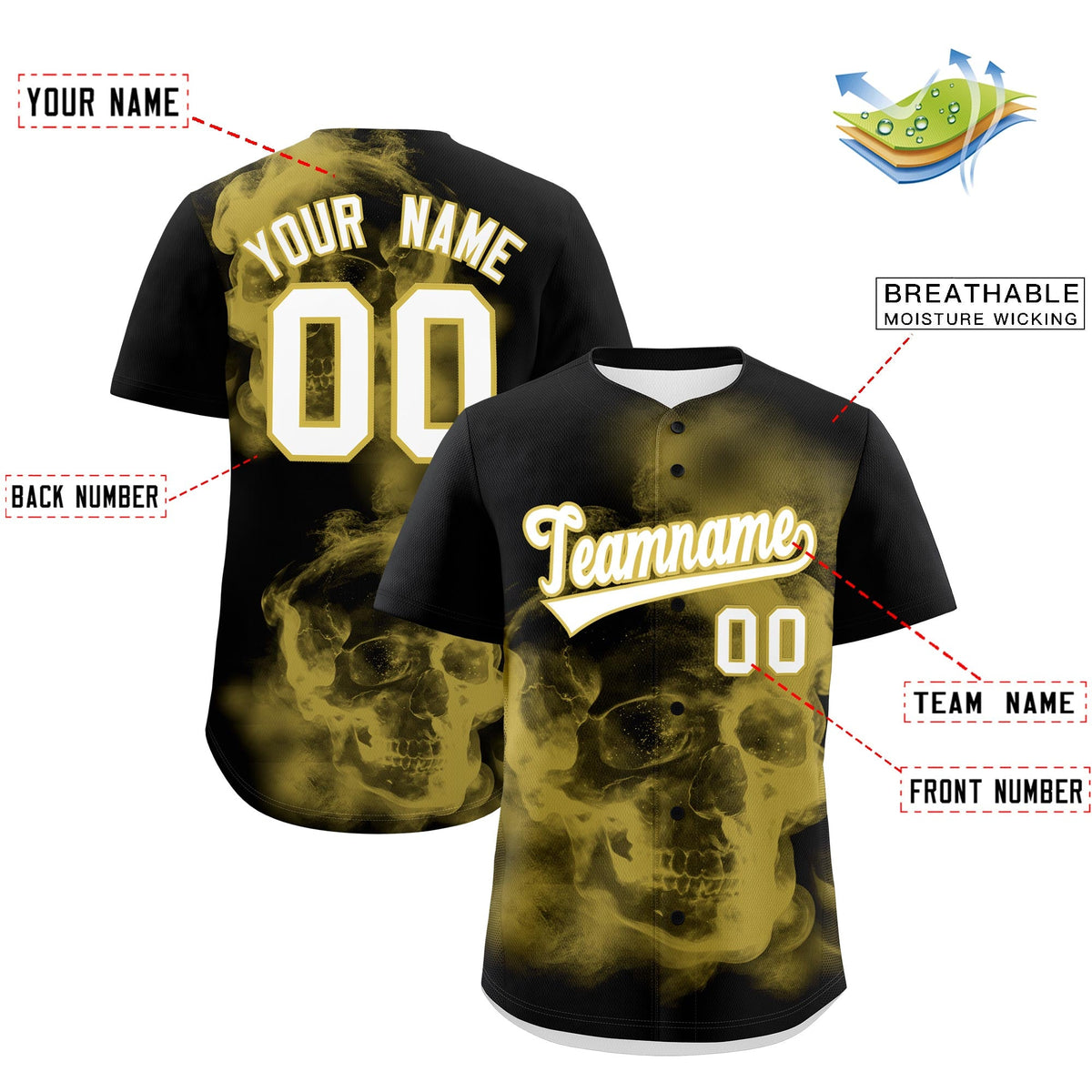 Custom Black Old Gold White skeleton Graffiti Pattern Lightweight Baseball Jersey| KXKSHOP
