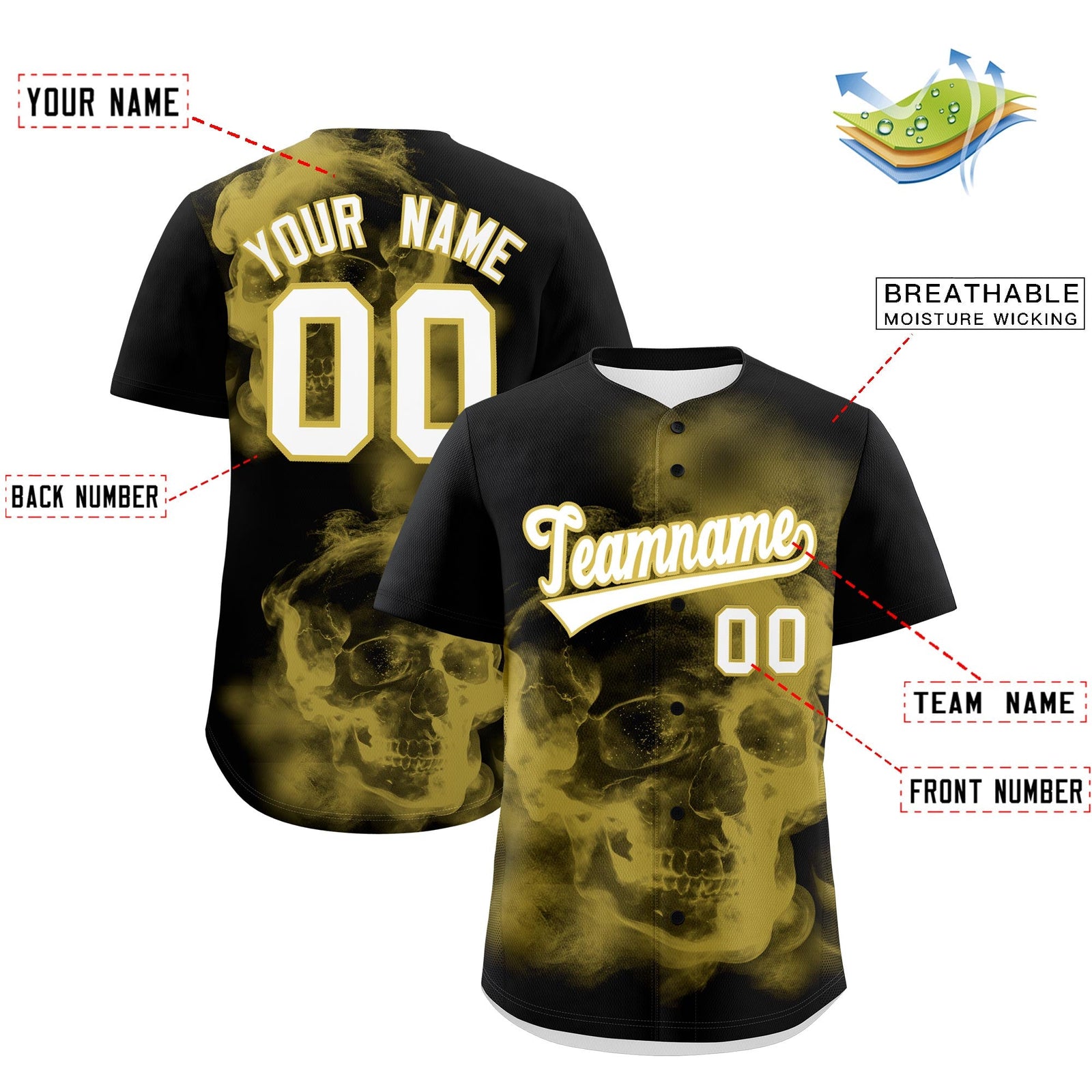 Custom Black Old Gold White skeleton Graffiti Pattern Lightweight Baseball Jersey| KXKSHOP