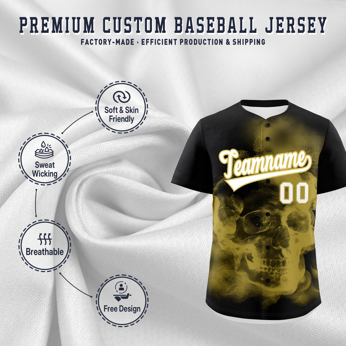 Custom Black Old Gold White skeleton Graffiti Pattern Lightweight Baseball Jersey| KXKSHOP