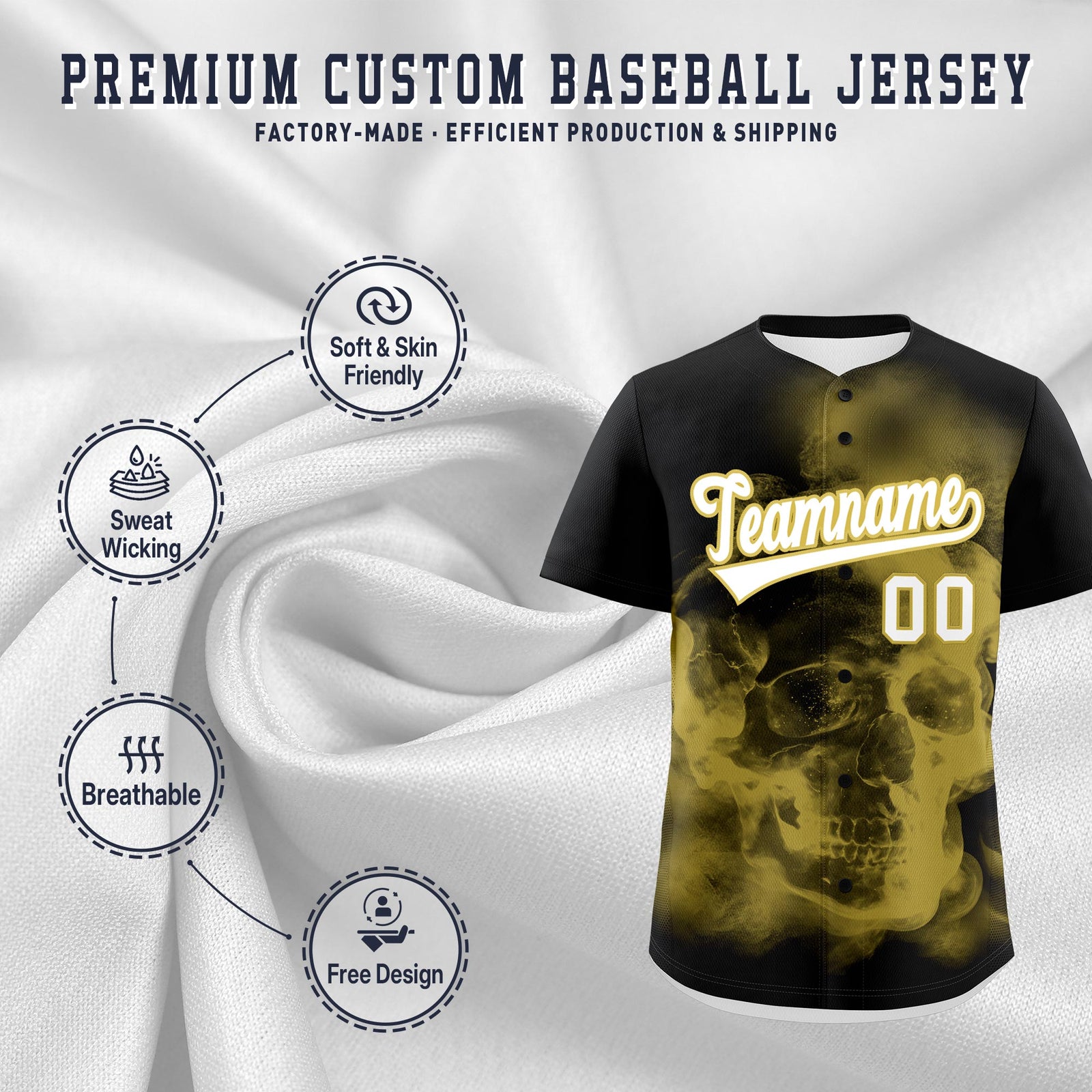 Custom Black Old Gold White skeleton Graffiti Pattern Lightweight Baseball Jersey| KXKSHOP