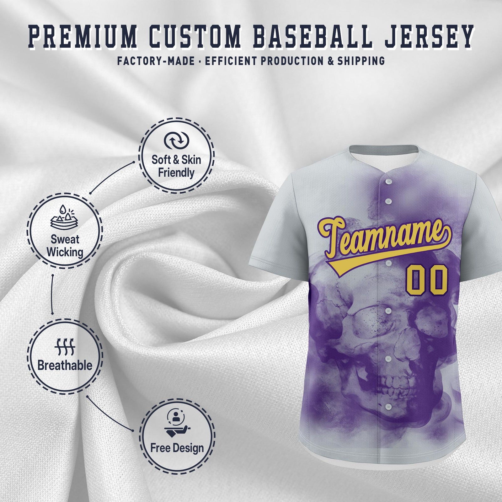 Custom Silver Purple Old Gold skeleton Graffiti Pattern Lightweight Baseball Jersey| KXKSHOP