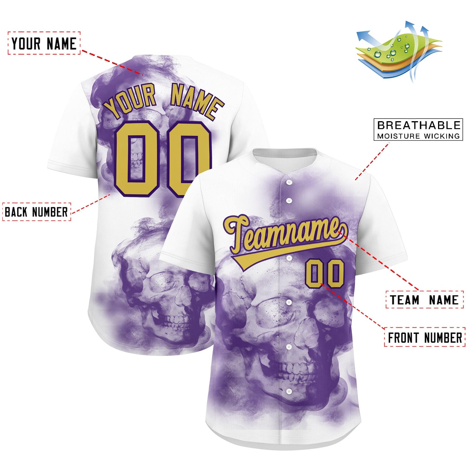 Custom White Purple Old Gold skeleton Graffiti Pattern Quick Dry Baseball Jersey| KXKSHOP