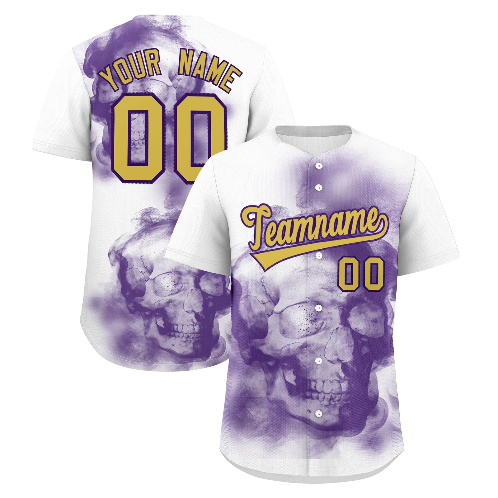 Custom White Purple Old Gold skeleton Graffiti Pattern Quick Dry Baseball Jersey| KXKSHOP