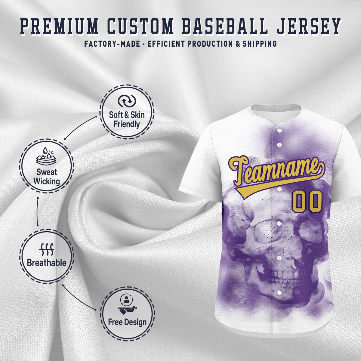 Custom White Purple Old Gold skeleton Graffiti Pattern Quick Dry Baseball Jersey| KXKSHOP